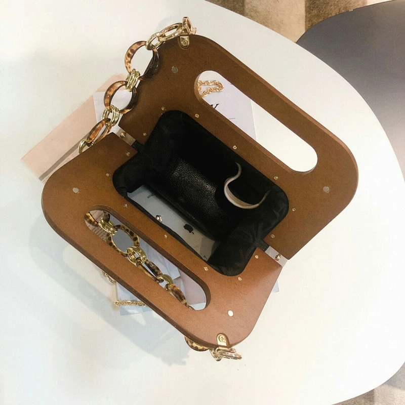 

2021 Winter New Wood Clip Chain Bag Ladies Leather Leopard Pillow Bags Female's Purses and Handbags