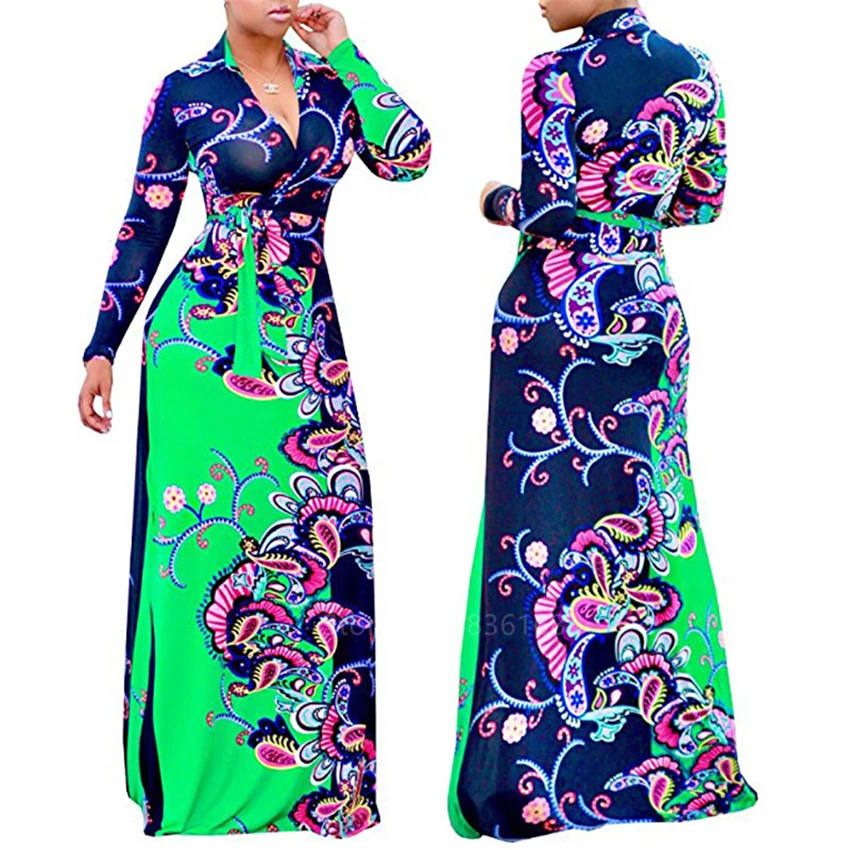 

Woman African Style Elegant Dress Dashiki Plus Size Long Sleeve Ethnic Print Maxi V-neck Sexy Party African Long Dress
