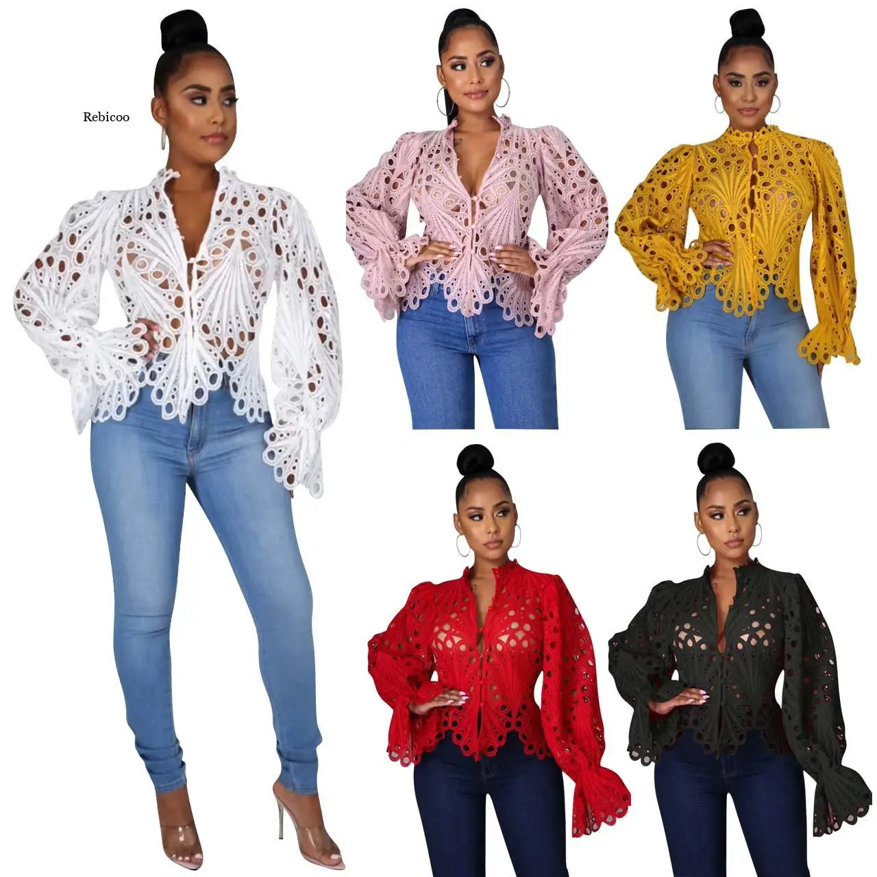 

Sexy Lace Hollow Out Short Blouse Women Casual Flared Long Sleeve Stand Collar Shirts Female Elegant Solid Color Loose Tops New
