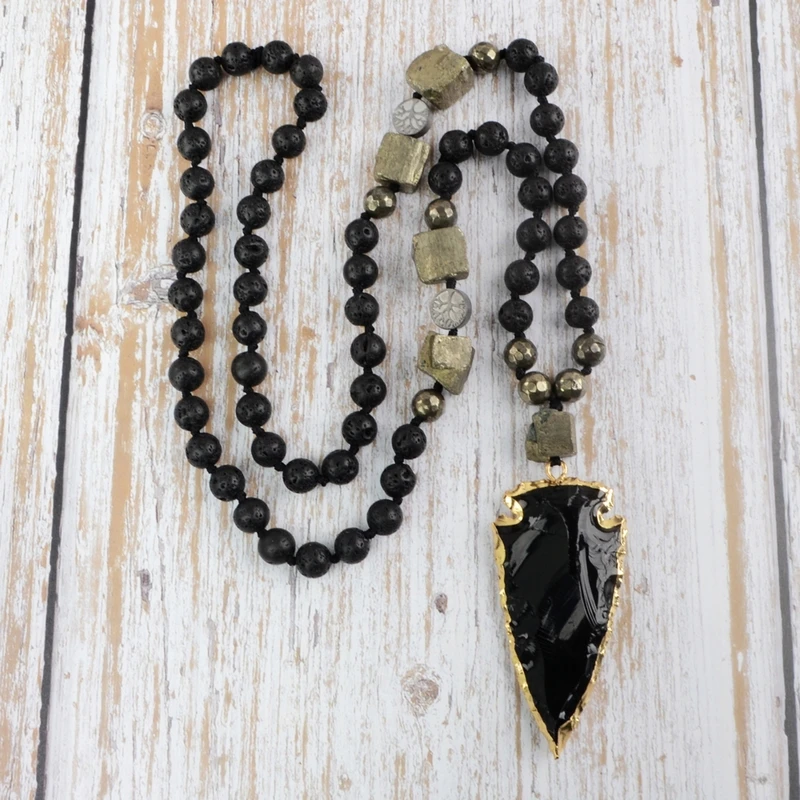 Obsidian Men Necklaces Gold Plated Arrowhead Pendant  Natural Black Volcanic Stone Beads Choker Jewelry Free Shipping