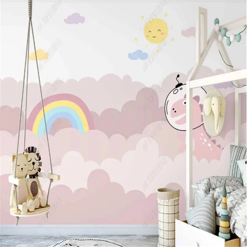 Обои в скандинавском стиле с розовыми облаками для детской комнаты Радужный