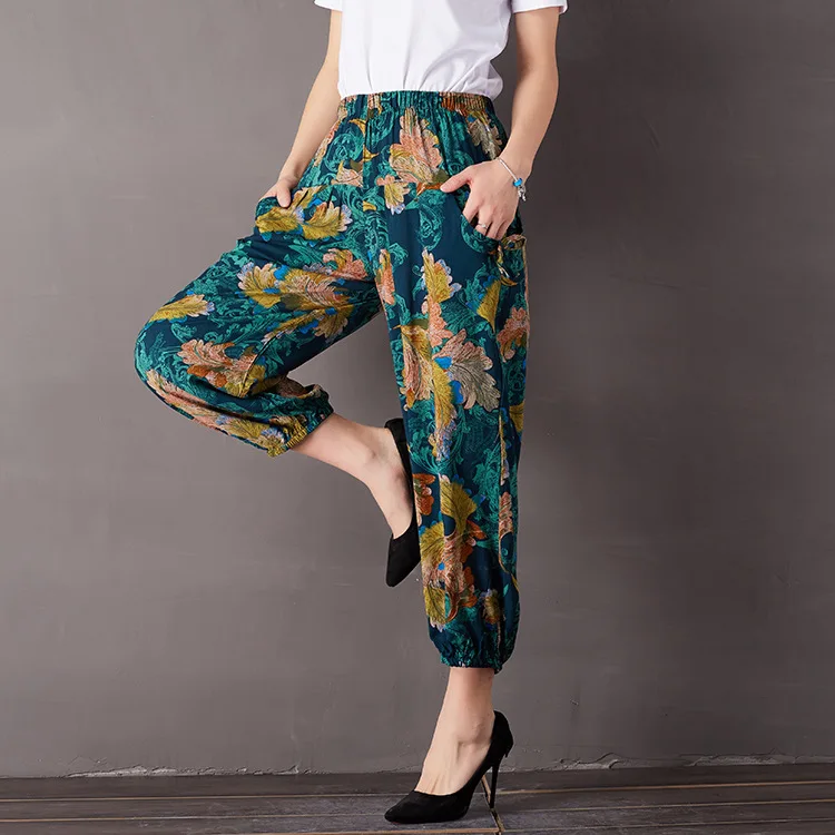Весенние и летние хлопковые шелковые шаровары с принтом Национальный стиль