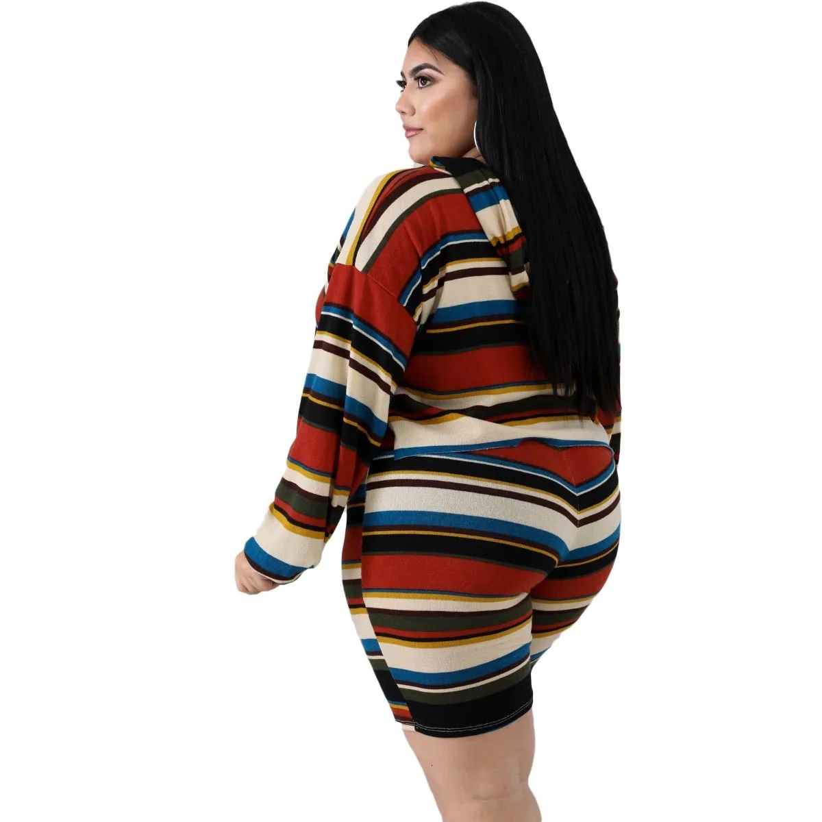 Комплект из двух предметов в полоску размера плюс 2xl~ 6xl, Женский Осенний топ с капюшоном и длинными рукавами и шорты, спортивные костюмы, спортивный костюм, элегантная одежда