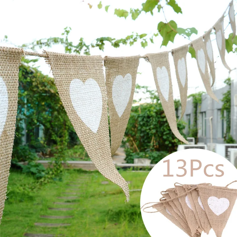 

13pcs Heart Flags Vintage Jute Hessian Burlap Bunting Love Heart Banners Wedding Party Home Party Decoration Chritmas Decoration