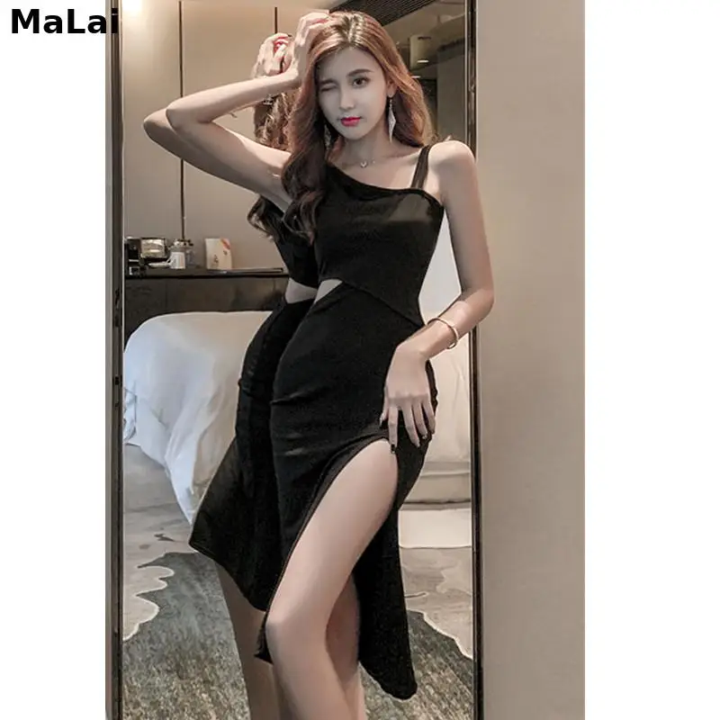 

Женское винтажное платье, летнее привлекательное Черное длинное платье с открытой спиной и одним открытым плечом, цельные корейские элеган...