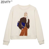 zevity new women leisure modery beauty pirnt casual fleece sweatshirts female basic long sleeve hoodies chic pullovers tops h605