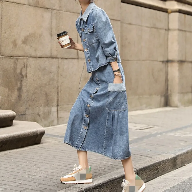 

Autumn Women Two Piece Set Short Denim Coat High Waist Mid Skirt Sweet Streetwear Pocket Buttons Loose Skirts Set Blue M-2XL