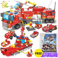 huiqibao 678pcs 8in1 city fire truck model building blocks firefighting set fireman figures bricks construction toy for children