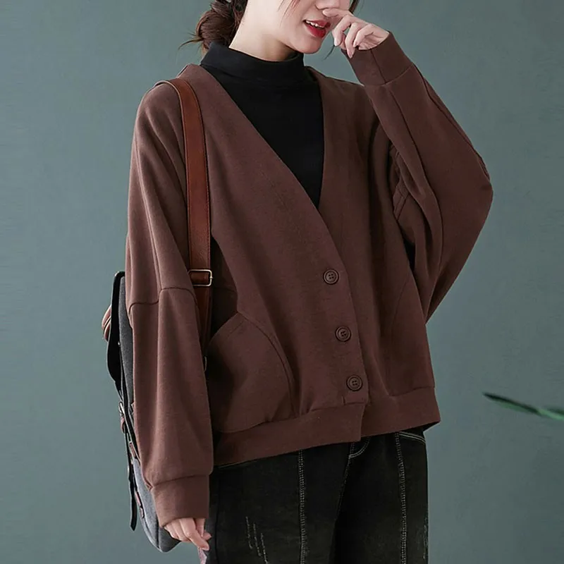 

Women Cotton Casual Jackets New Arrival 2020 Autumn Korean Simple Style V-neck Solid Color Loose Ladies Outerwear Coats S2330