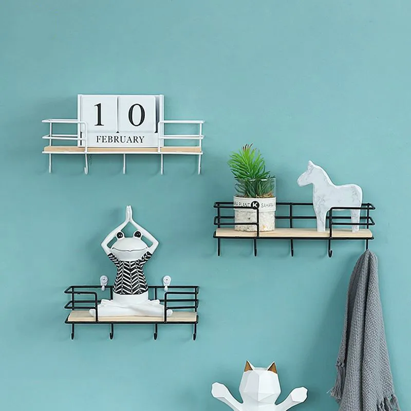 Estante de hierro montado en la pared para el hogar, repisa de almacenamiento con 5 ganchos, ideal para decoraci&oacute;n de sala de estar, toalla o llave-2