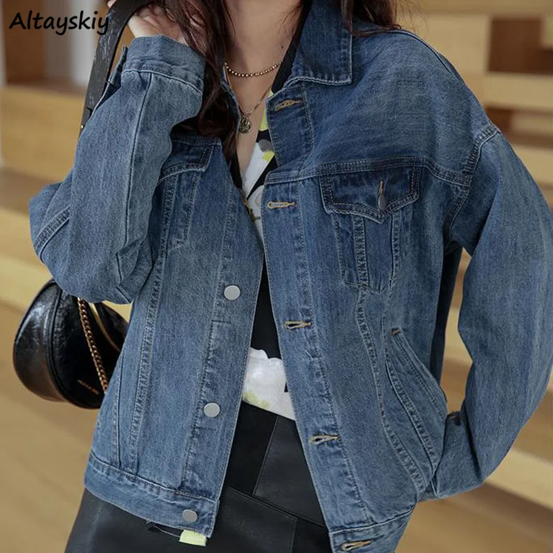 

Женская джинсовая куртка, винтажная куртка с несколькими карманами в стиле ретро, Студенческая куртка с длинным рукавом, однобортная Повсе...
