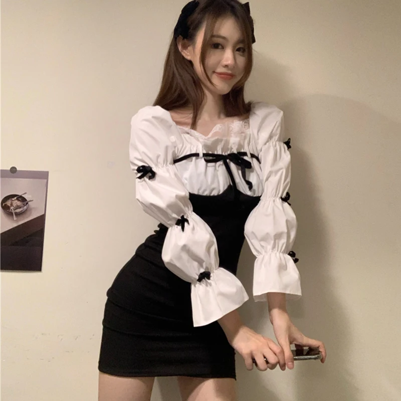 

New autumn bow bubble sleeves with two neckline lace-up dresses.