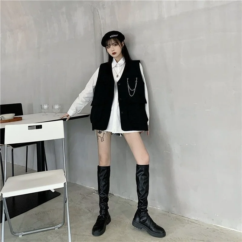 

Women Vests Retro Hip Hop Cargo Button Up Waistcoats Design Chain Outwear Unisex All Match Korean Style Chic Top Student Vintage