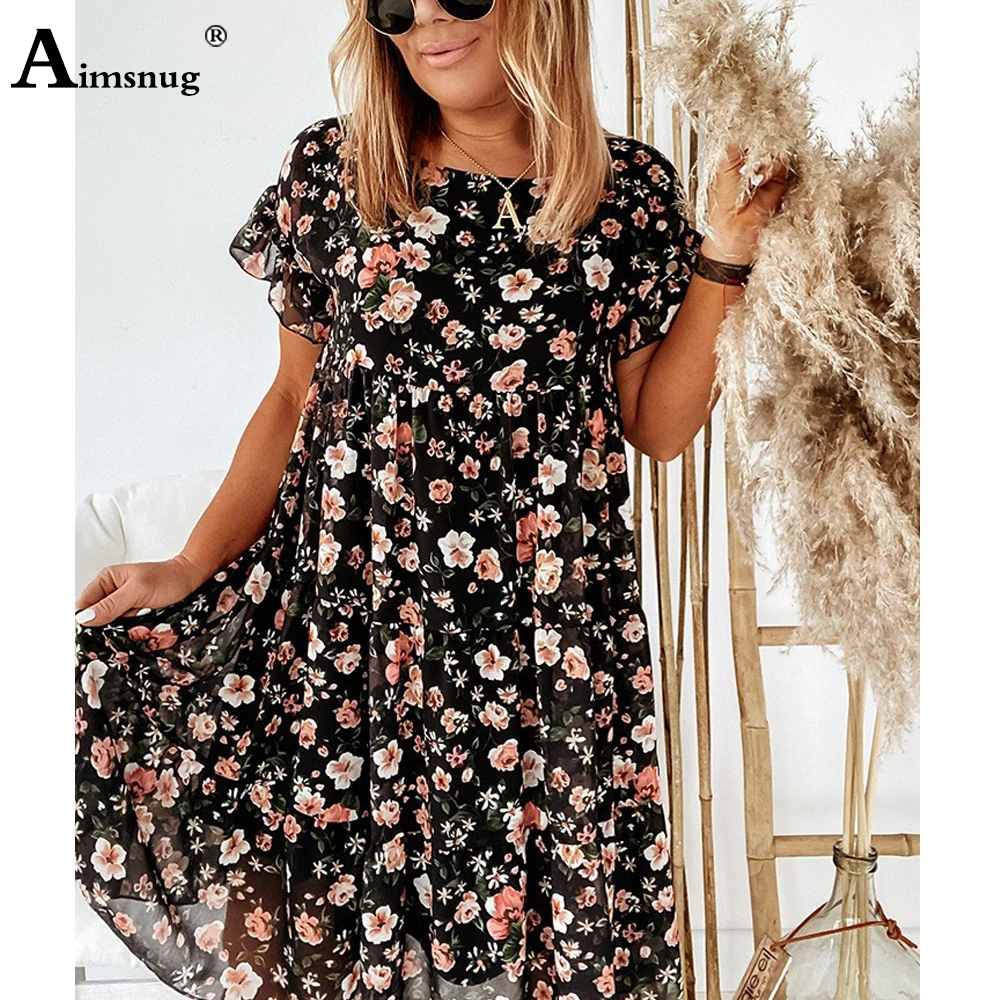 

2021 Summer Knee-Length Dress Women Elegant Leisure Bohemian Flower Print Sundress Round Neck Loose Vestido Femme Retro Dresses