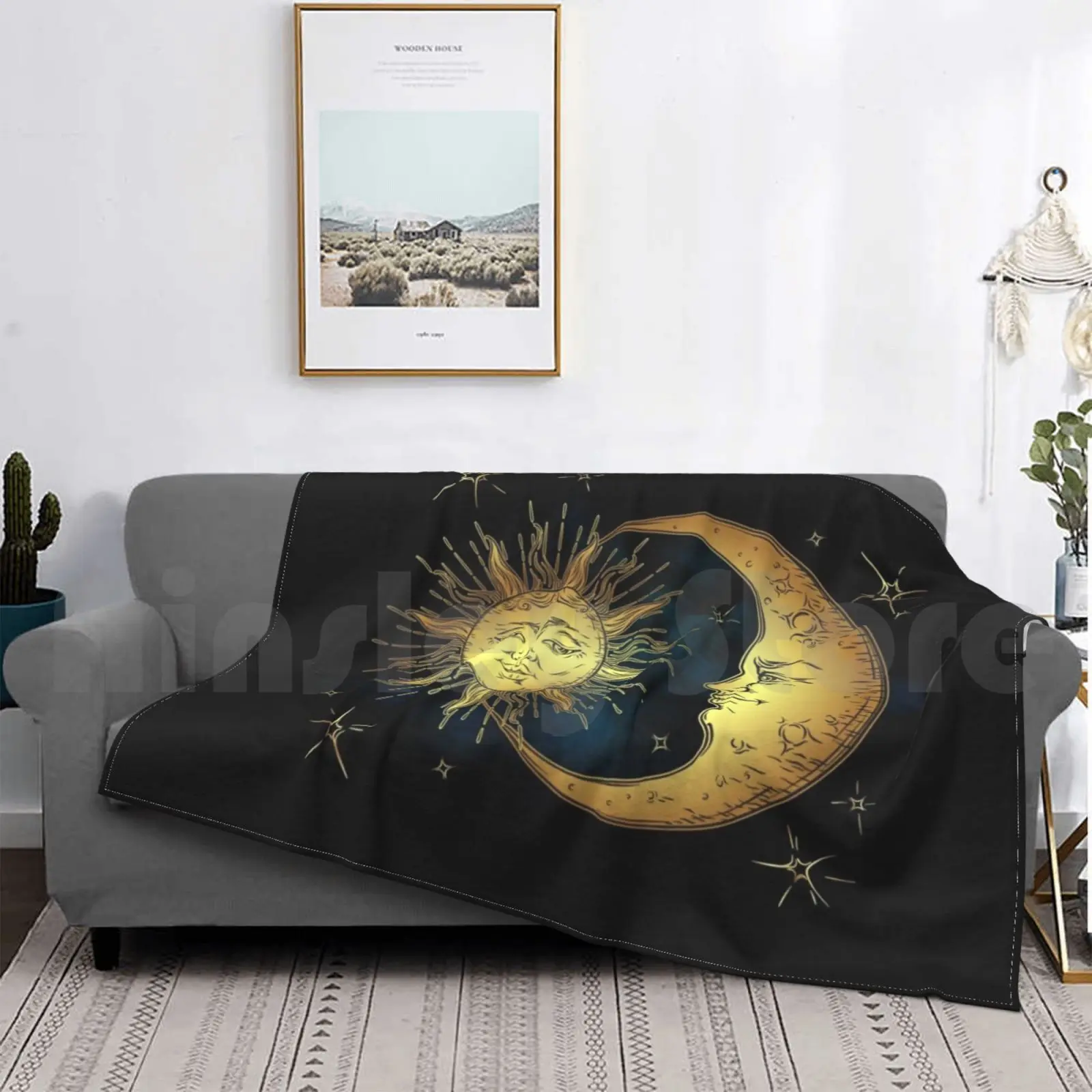 

The Sun , Moon And Stars Blanket Fashion Custom Sun Moon Stars Night Sky Celestial Mystic Gold Magical