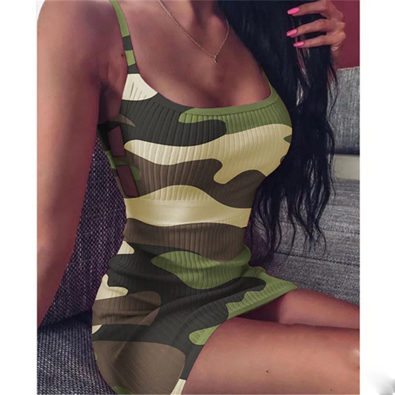 

Summer Sexy Womens Fashion Sleeveless Camouflage Print Bandage Package Hip Mini Dress Slim Fit Skinny Casual Pencil Dresses