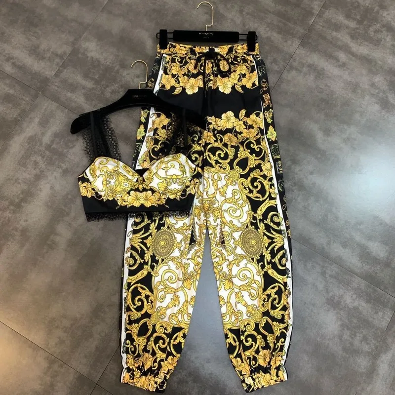 

2022 Spring Summer Yellow Floral Print Lace Short Dew Navel Camis Long Pants Two Piece Women Sets