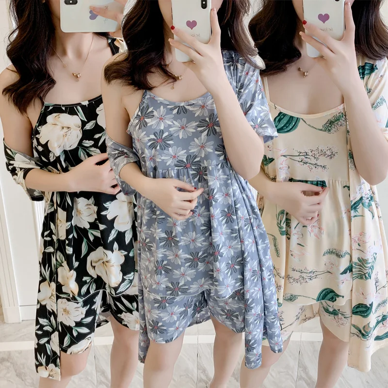 

2020 Summer 3PCS Sexy Lingerie Shorts Pajama Sets for Women Short Sleeve Robes Sleepwear Suit Homewear Pijama Mujer Home Clothes