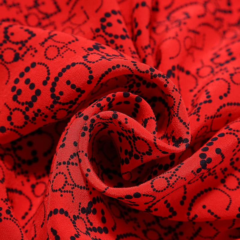 

2021 Summer Women Casual Dresses Elegant O-neck Short Sleeve 100% Natural Real Silk Ruffles Red Lady A-line Letter Print Dress