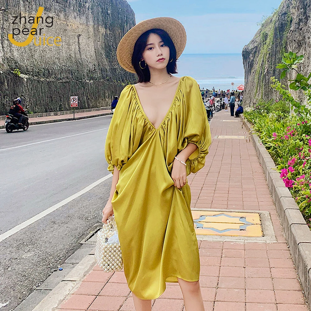 

Summer New Travel Holiday Bohemia Bali Beach Dress Sexy V Neck Loose Midi Dress Casual Style Beach Dress