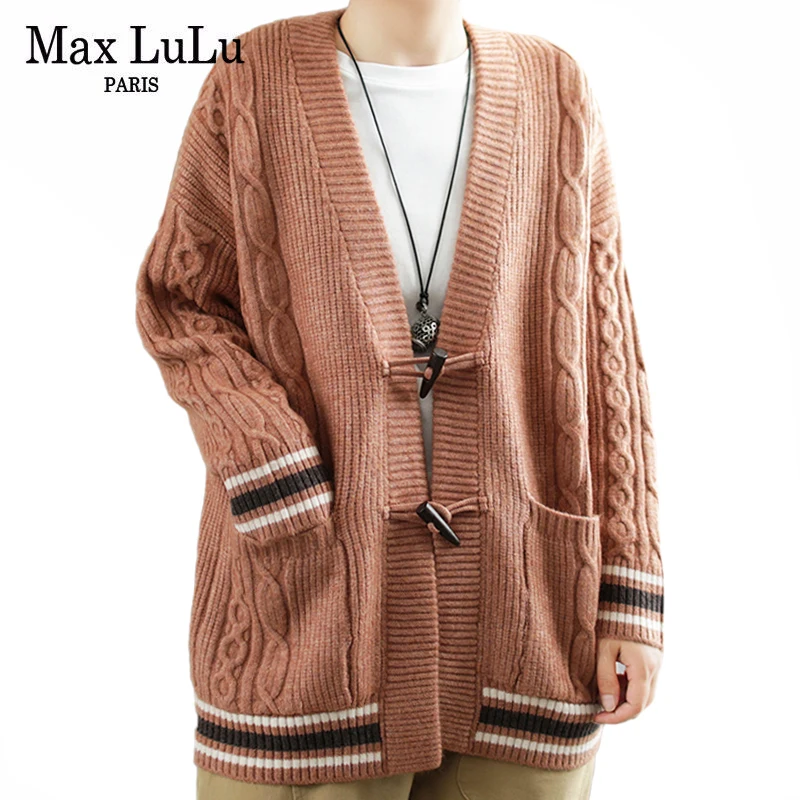 

Max LuLu Korean Fashion V-Neck Striped Cardigans 2021 Ladies Vintage Preppy Style New Sweater Women Loose Casual Red Knitwear