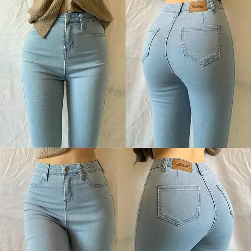 

Женские джинсы с высокой талией, эластичные Модные Длинные обтягивающие повседневные джинсовые брюки, облегающие базовые тонкие джинсы, бе...