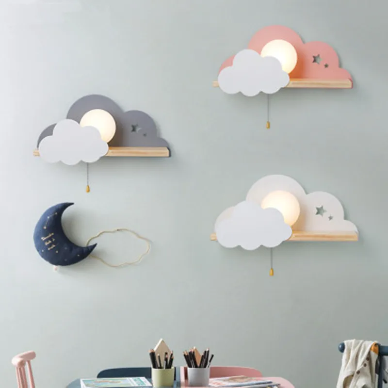 

Nordic Cloud Wood Shelf Wall Lamp With Pull Switch Children Bedroom Bedside Night Light Study Corridor Wall Sconce Led Fixture