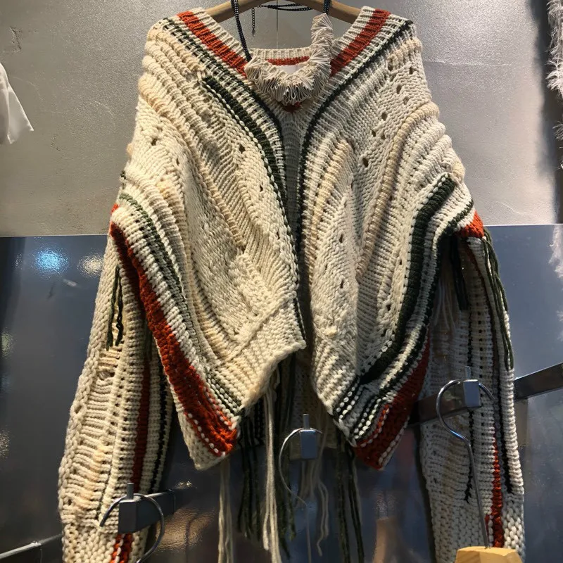 Neploe, корейский дизайн, v-образный вырез, пэчворк, толстый, Pull Femme, Elagant, вязаный свитер с кисточками, женский осенне-зимний пуловер, 46473