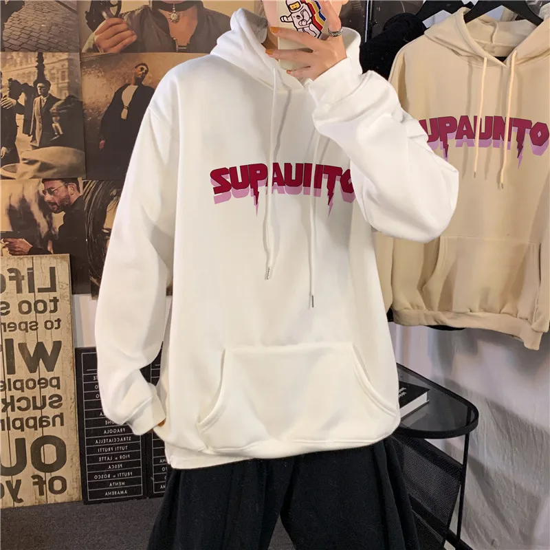 

Autumn Winter Thicken Hooded Sweatshirts Men Loose Plus Velvet All-match Casual Bottoming Tops Printed Letter Male Clothes
