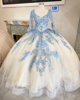 long sleeve quinceanera dresses cream tulle with blue lace appliques bodice corset back ball gown sweet 15 party dress