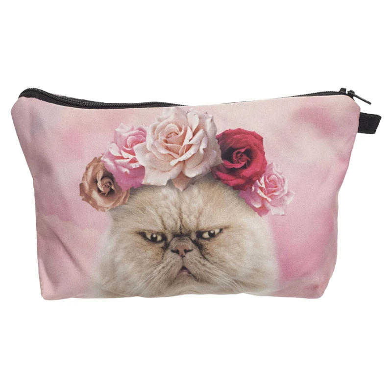 

Women Cosmetic Bag Zipper Neceser Portable Makeup Bag Case 3D Prints Rose Cat Organizer Bolsa feminina Travel Toiletry Bag