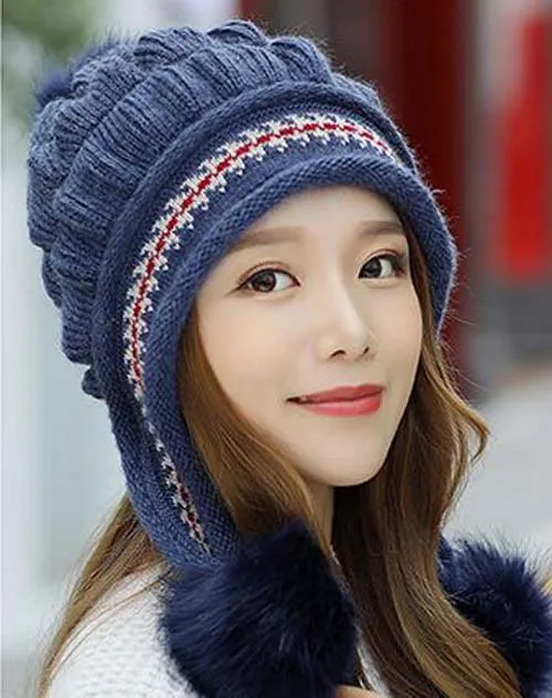 Navy blue hat Зимняя шапка с кроличьим мехом, перчатки, шарф, наборы, утолщенная плюшевая шерсть, теплая шапка s, женская вязаная шапка, уличная ветрозащитная Ушная Лоскутная широкий берет-Боб - Цвет: Navy blue hat