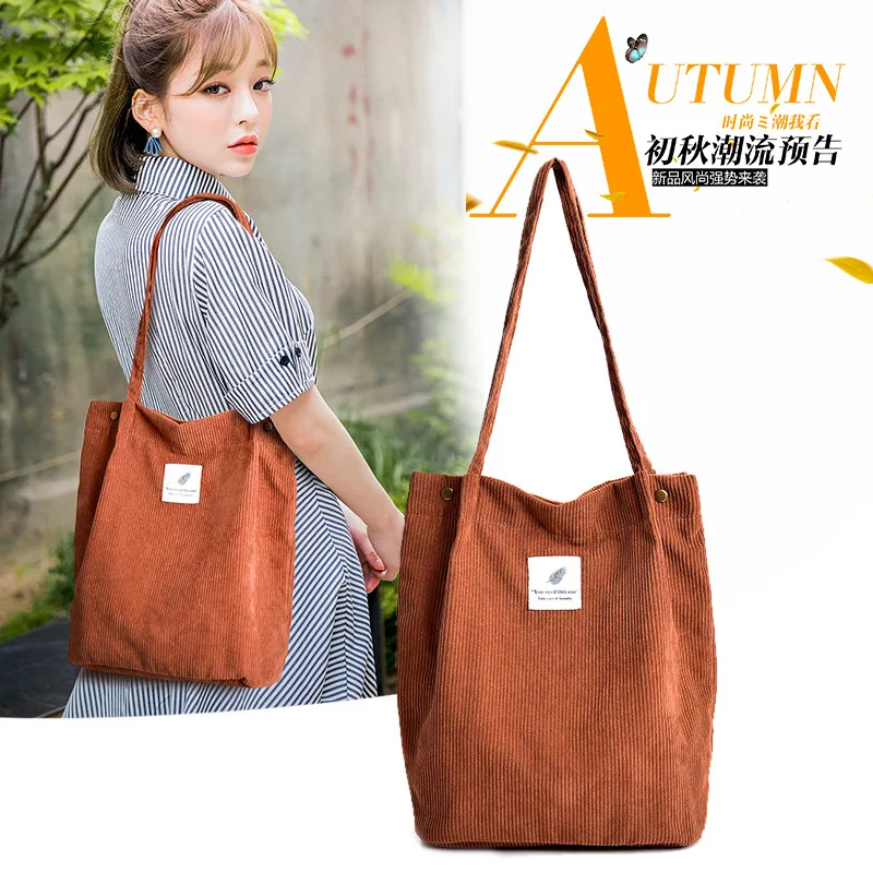 

Women Corduroy Shopping Bag Female Canvas Cloth Shoulder Bag Environmental Storage Handbag Reusable Foldable Eco Grocery Totes