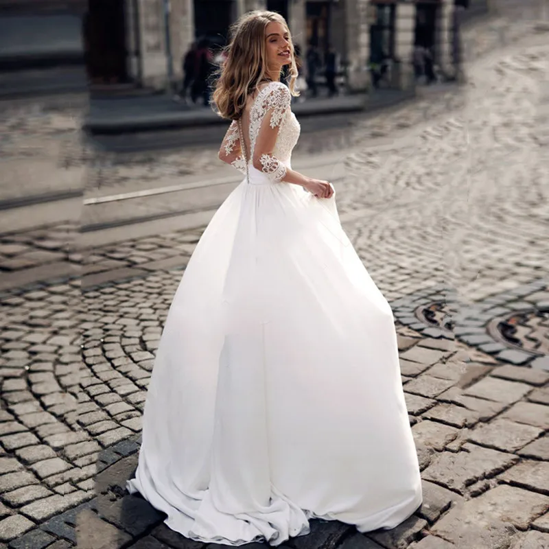 Boho Wedding Dress 2021 Lace Appliques V Neck 3/4 Sleeves Bridal Gowns Beach Satin Vestidos De Novia Sweep Train Robe De Mariage