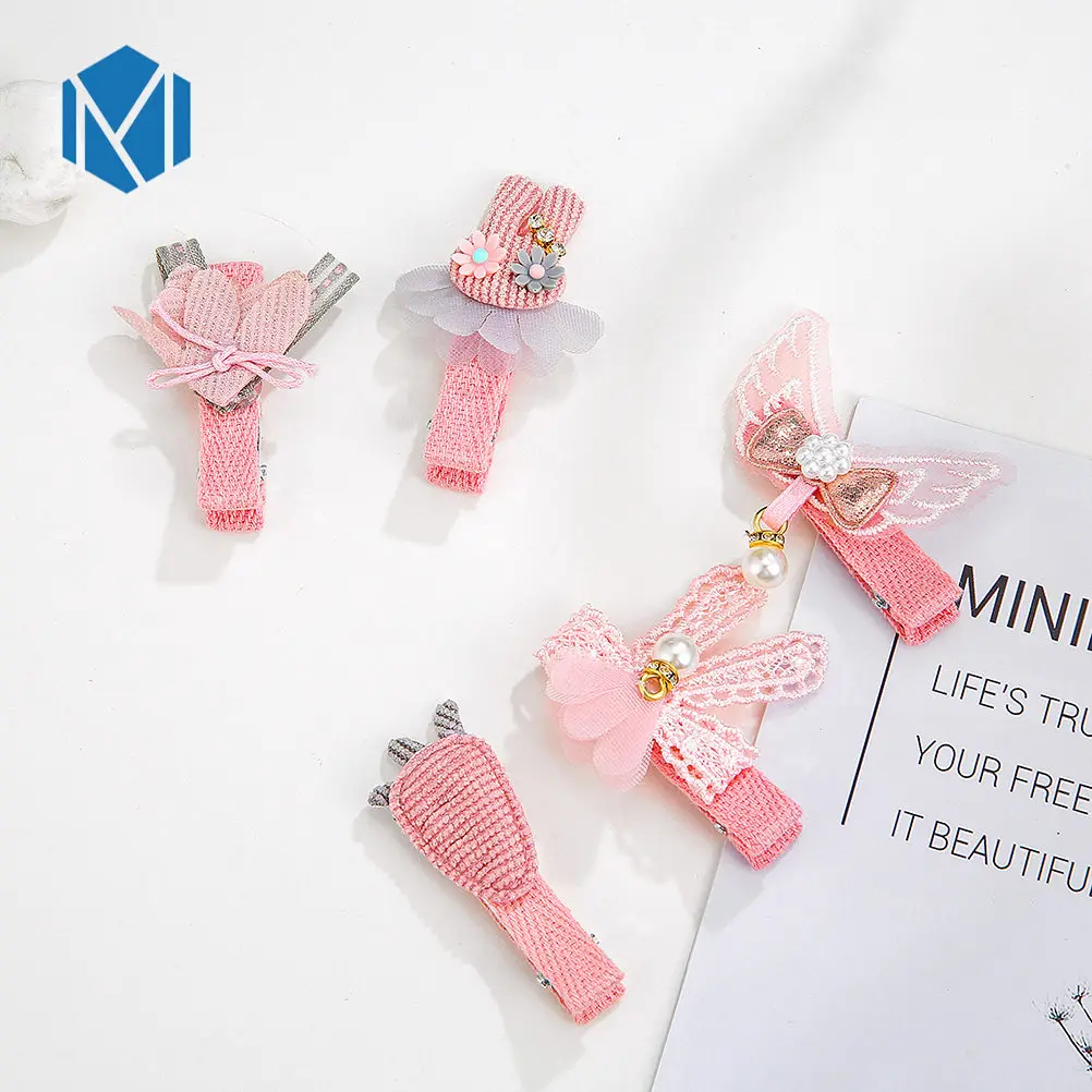 Wings 5pcs/set Fashion Full Covered Children Hair Clips Girls Cartoon Bow Cotton Hairpins Crown Kids Barrettes Cute Hair Accessories - Цвет: Wings