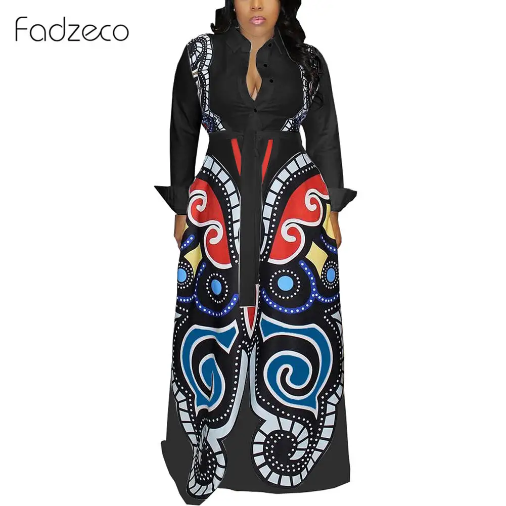 Black Fadzeco женская рубашка в африканском стиле с длинными рукавами, элегантные сексуальные платья с цветочным принтом и пуговицами, Повседневные Вечерние платья макси с поясом - Цвет: Black