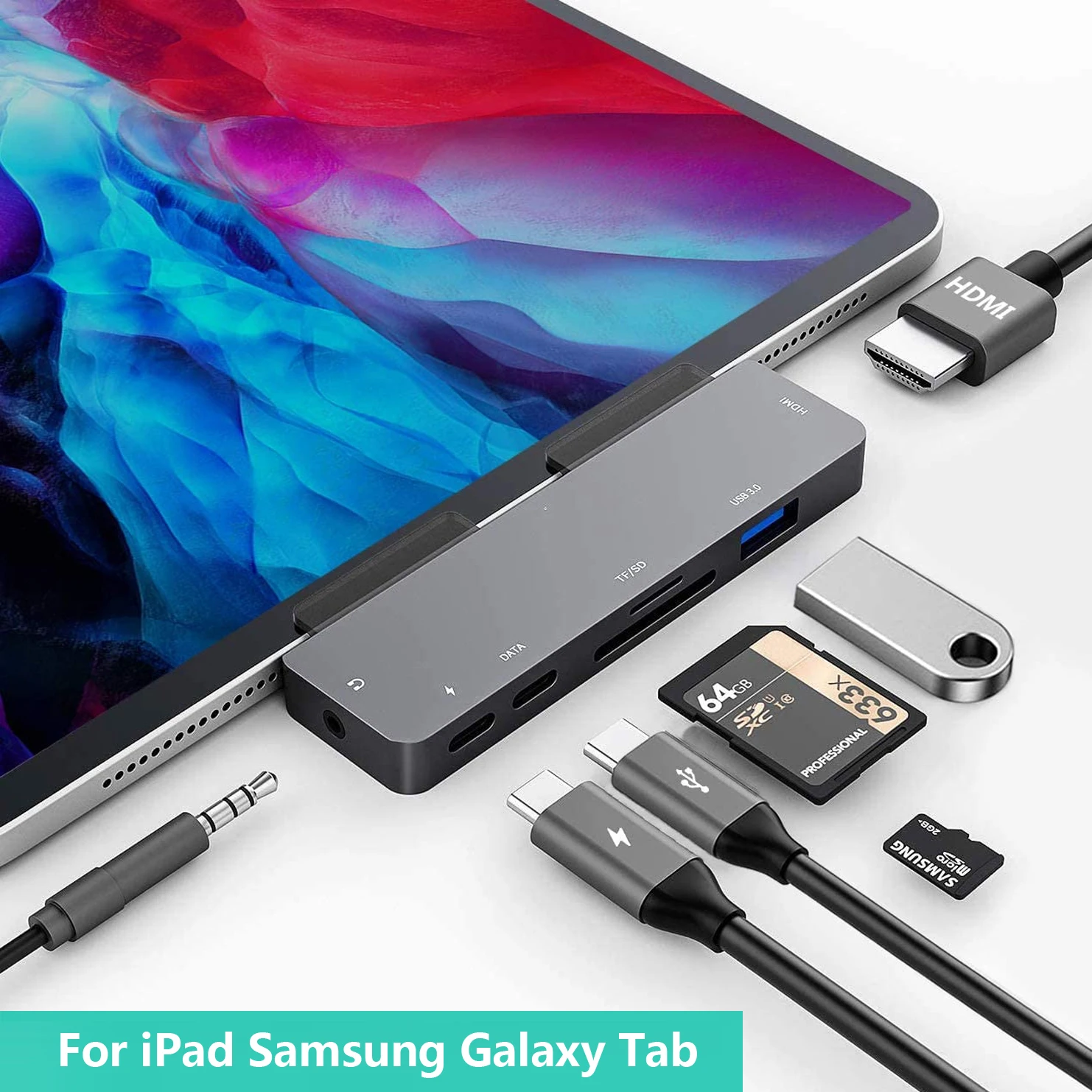 

USB C Hub for iPad Pro,SAMSUNG Galaxy Tab Docking Station with 4K HDMI-compatible USB3.0 3.5mm Audio Jack SD/Micro Card Reader