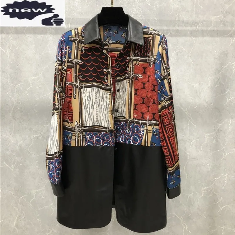 European Clothing Vintage Women Shirt Genuine Leather Patchwork Printed Tops Punk Cardigan Shirts 2021 Casual Long Sleeve Blouse