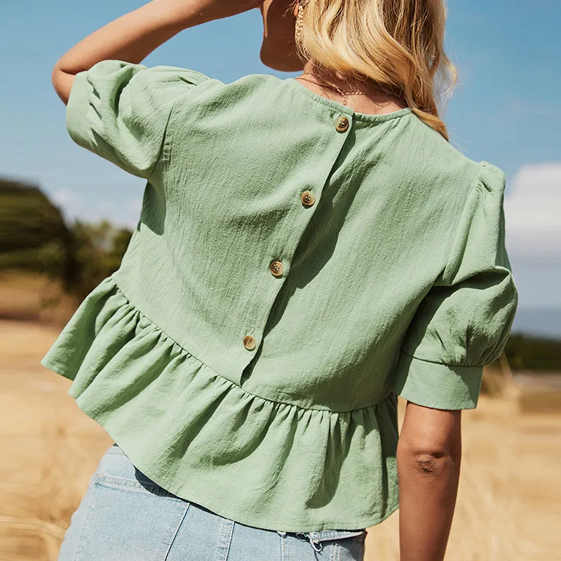 100% хлопковые летние футболки с короткими Sheelve рюшами шить шифоновая блуза