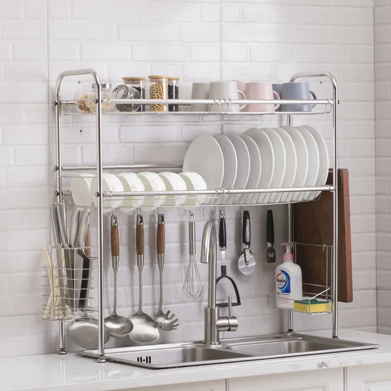 

Kitchen Shelf Organizer 2 Layers Drain Rack Over Sink Utensils Holder Countertop Dish Drying Rack for Kitchen Storage 50cm-90cm