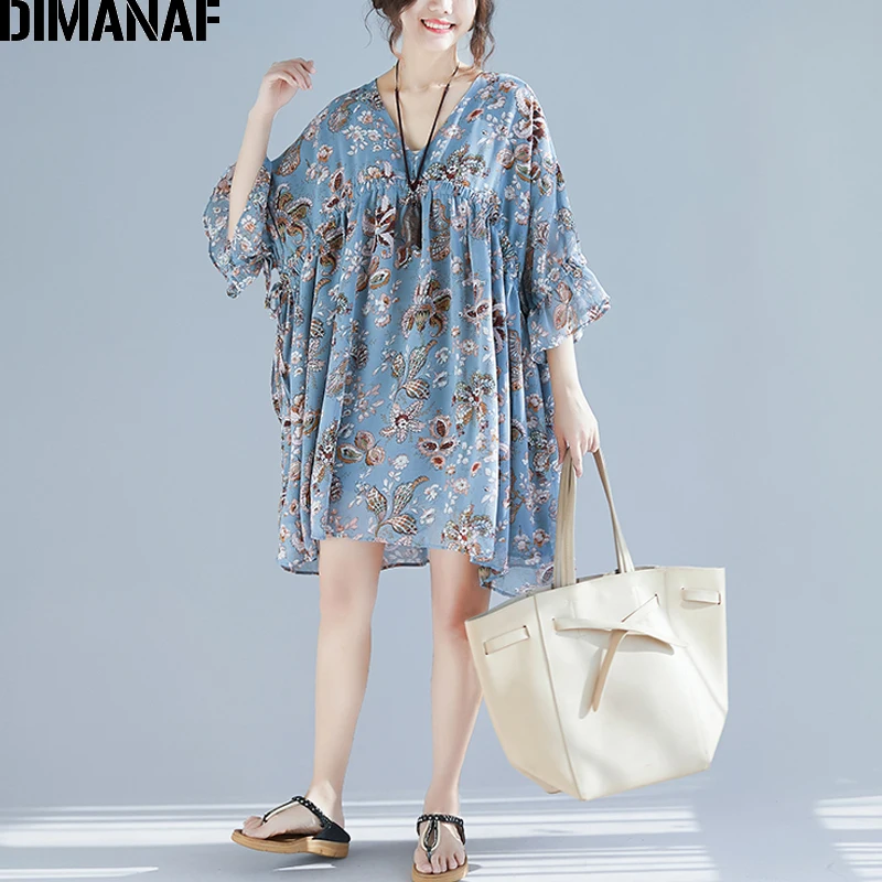 

DIMANAF Women Blouse Summer Chiffon Elegant Lady V-Neck Vestidos Female Print Floral Tops Shirts Loose Casual Pleated Oversize
