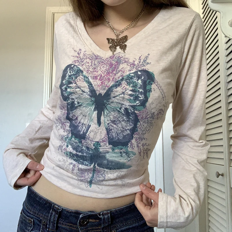 

Women Printed Crop Top Shirt Patchwork Long Sleeve Y2K Sexy Tee Ladies O-Neck Skinny T-Shirt Harajuku Korean Style Streetwear
