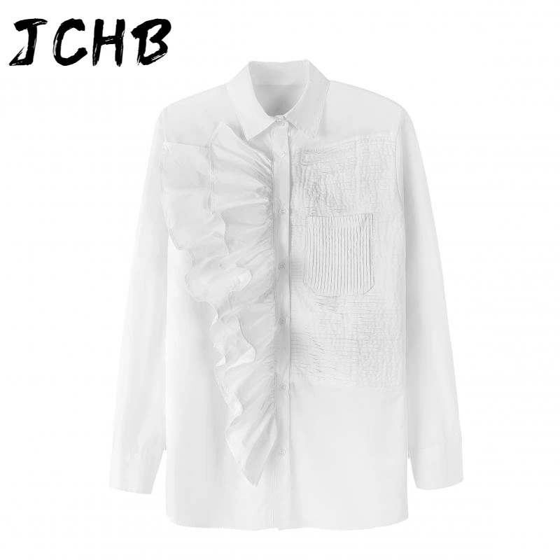 

JCHB 2021 Spring New Fashion Lapel Full Sleeve Streetwear Personalized Temperament Loose Solid Medium Length Shirt Dress 7B0409