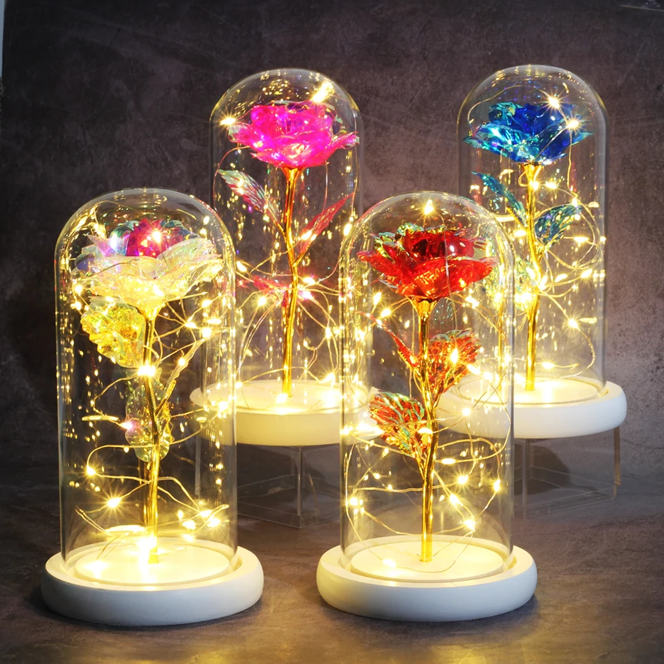 

Artificial Eternal Rose LED Light Beauty The Beast In Glass Cover Christmas Home Decor For Mother Valentines Day new Year Gift