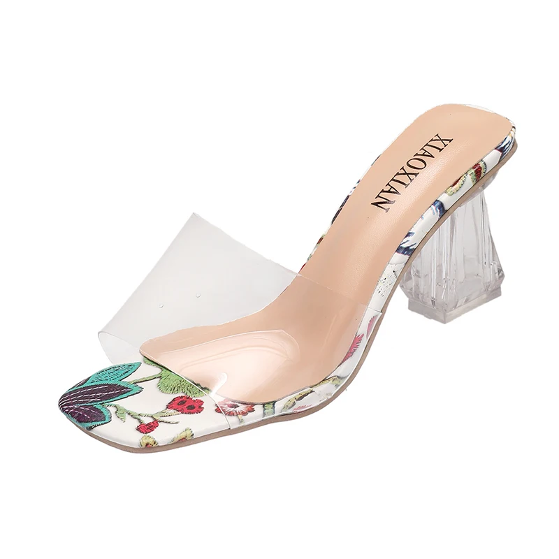 

Clear Heels Slippers Women Sandals Summer Transparent Shoes Square High Pumps Jelly Buty Damskie Gladiator Square Heel Flower