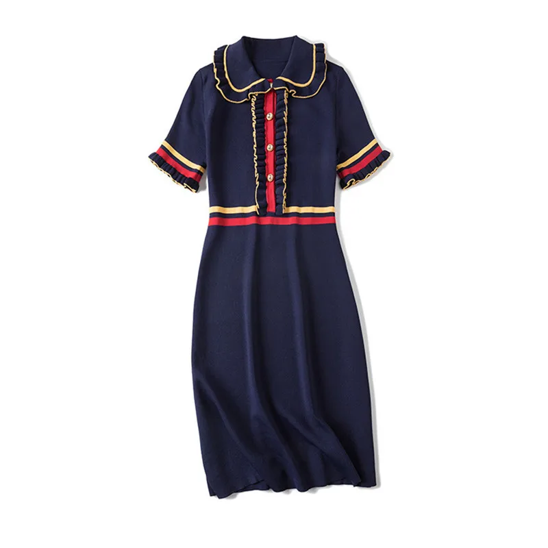 

Fashion Summer Designer Runway Dress 2019 New Women Clothes Short Sleeve Ruffles Contrast Color Knitted Sweater Dress robe femme