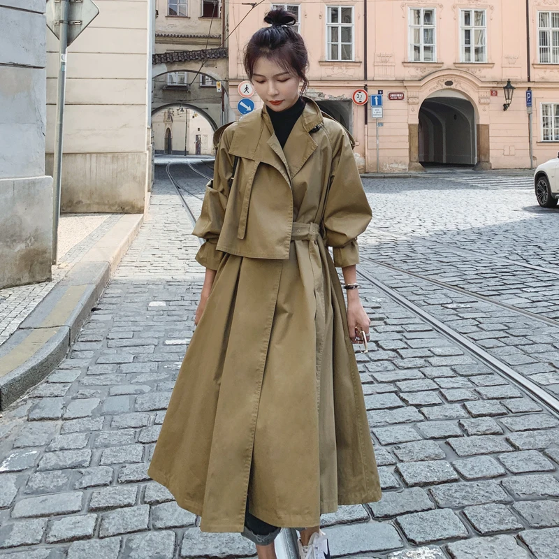 

Spring Fall Vintage Elegant Khaki Trench Coat for Women Oversize Korean Style Loose Casual Belted Long Black Windbreaker W260