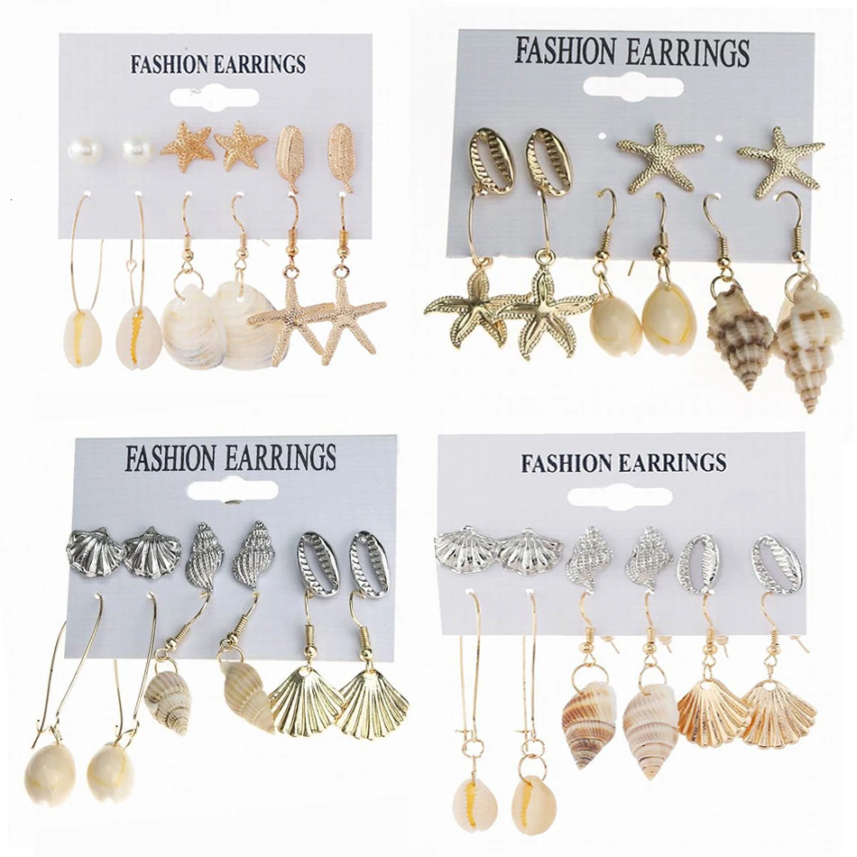 

Boho Charm Shell Conch Drop Earrings Set Woman Golden Big Brincos Heart Gothic Tassel Dangle Earring 2019 Female Fashion Jewelry