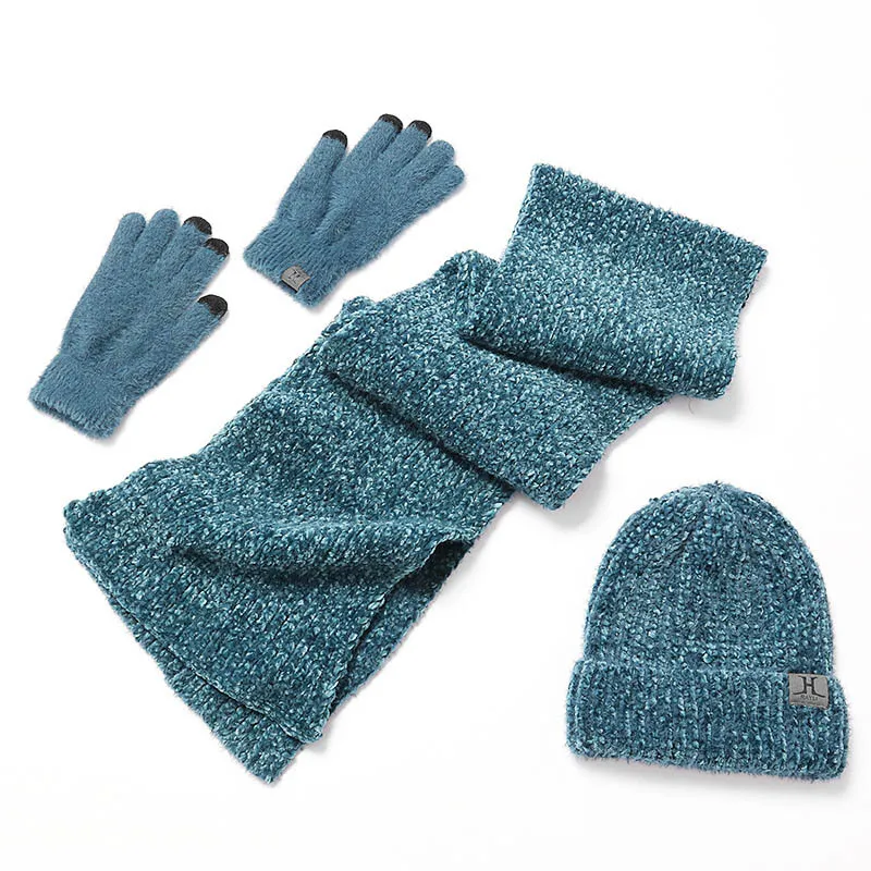 blue Вельветовая зимняя шапка и шарф, комплект для женщин, вязаная шерстяная шапочка для девочек, шапка из хлопка, женская шапка и шарфы, комплект перчаток - Цвет: blue
