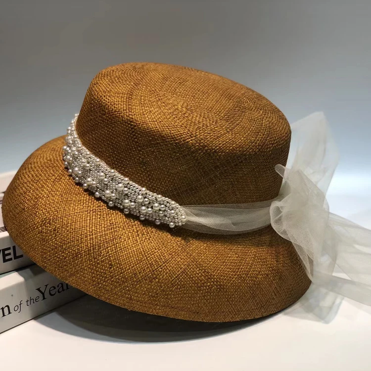 

Pearl bow flat-topped hat retro elegant aristocratic women summer hat topi treasure grass holiday sun hat